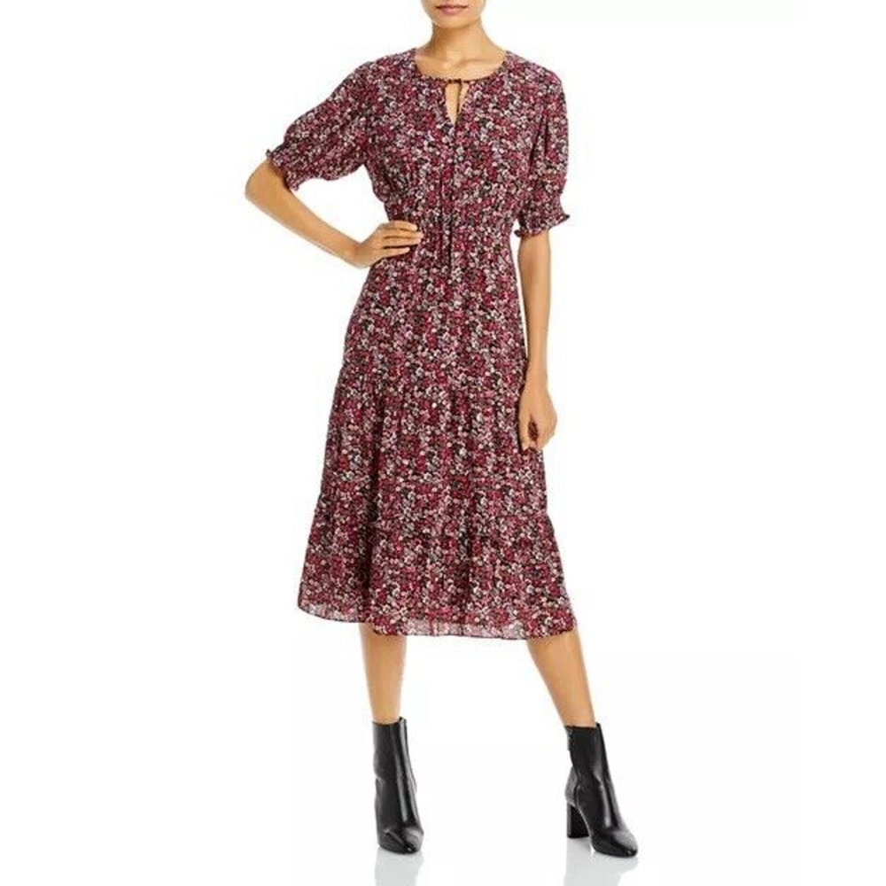 Aqua Women's Midi Pink Floral Ruffle Quarter Sleeve Dress